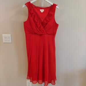 J. Crew Silk Dress Size 14 Red V-Neck Ruffle Holiday Party Cocktail